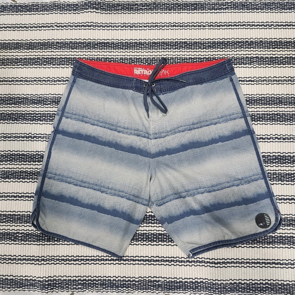 O'Neill Retrofreak Board Shorts Mens 36 Blue Striped Surf‎ Swim Beach